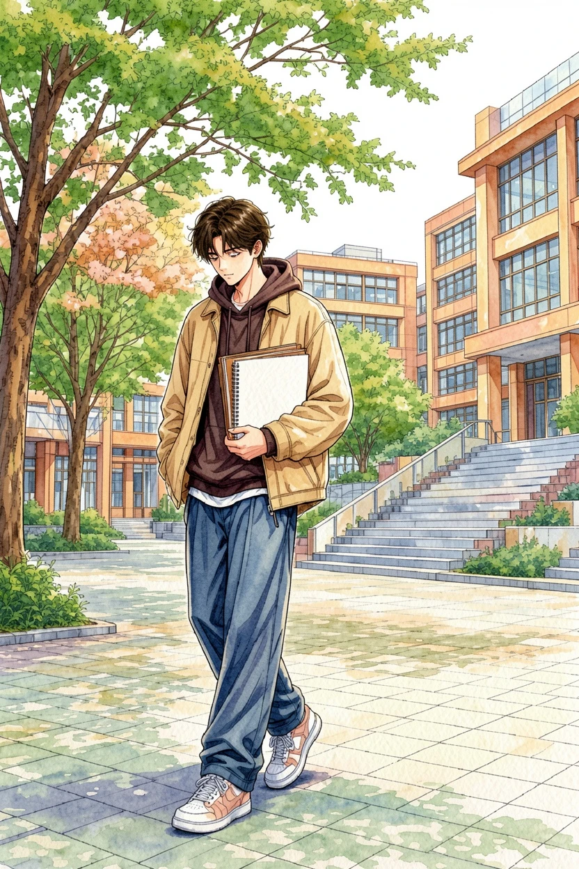 Watercolor AI-colored school scene manga result