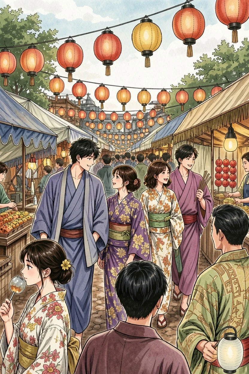 Ink Wash Color AI-colored festival crowd manga result
