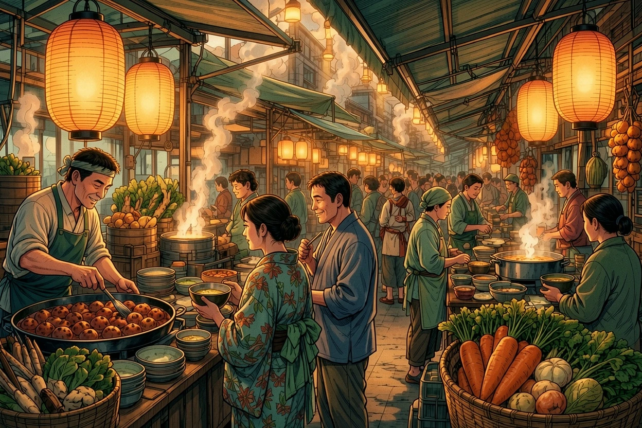 Warm Cinematic AI-colored food market manga result
