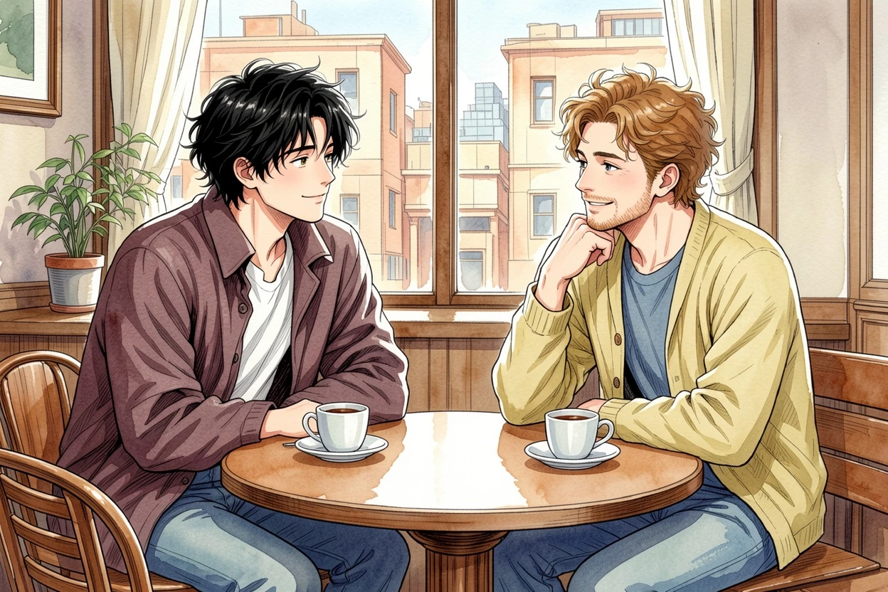 Watercolor AI-colored two person dialogue manga result