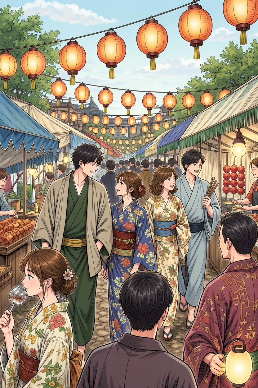 Natural AI-colored festival crowd manga result