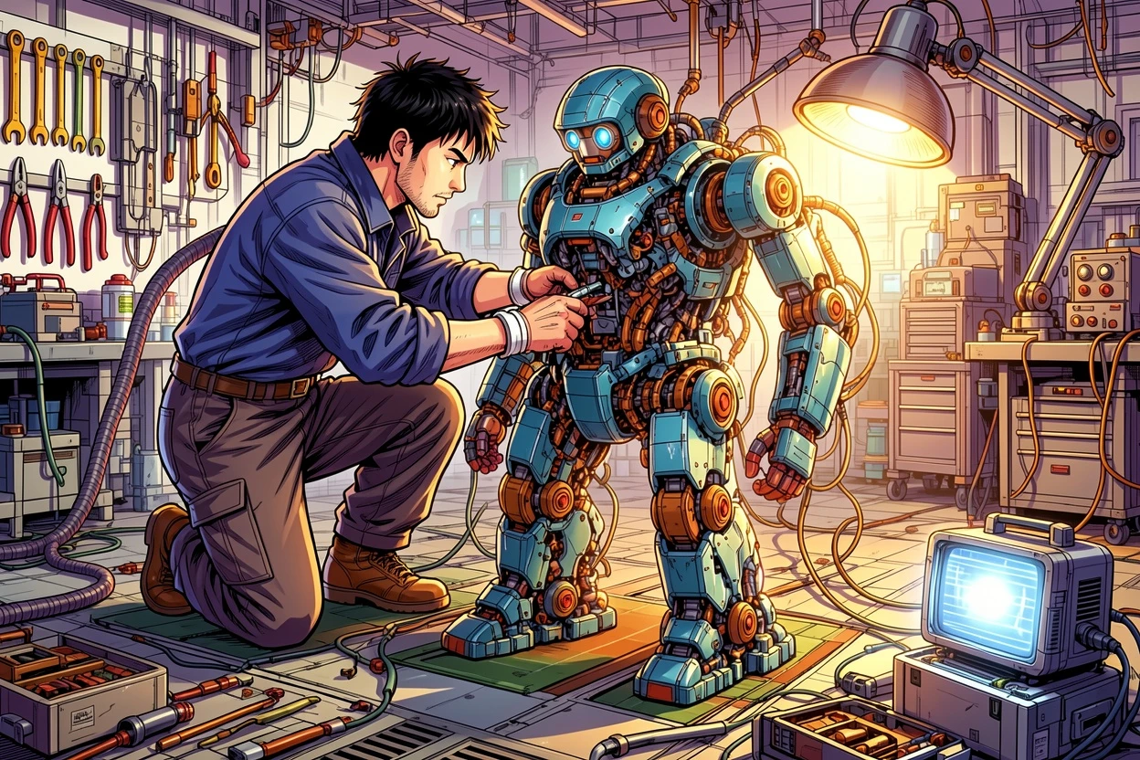 Vibrant AI-colored mecha workshop manga result
