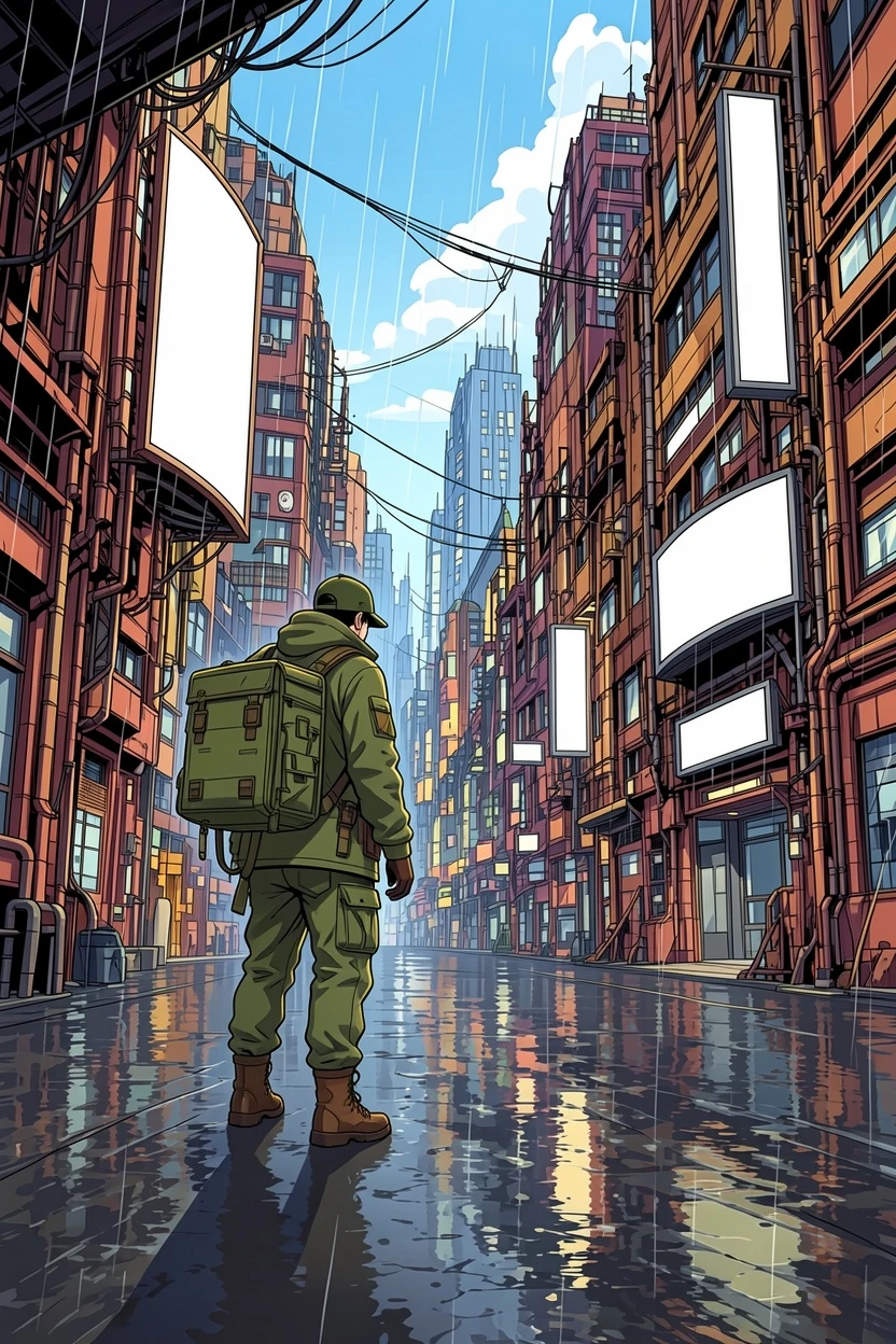 Cel-shaded AI-colored night city manga result