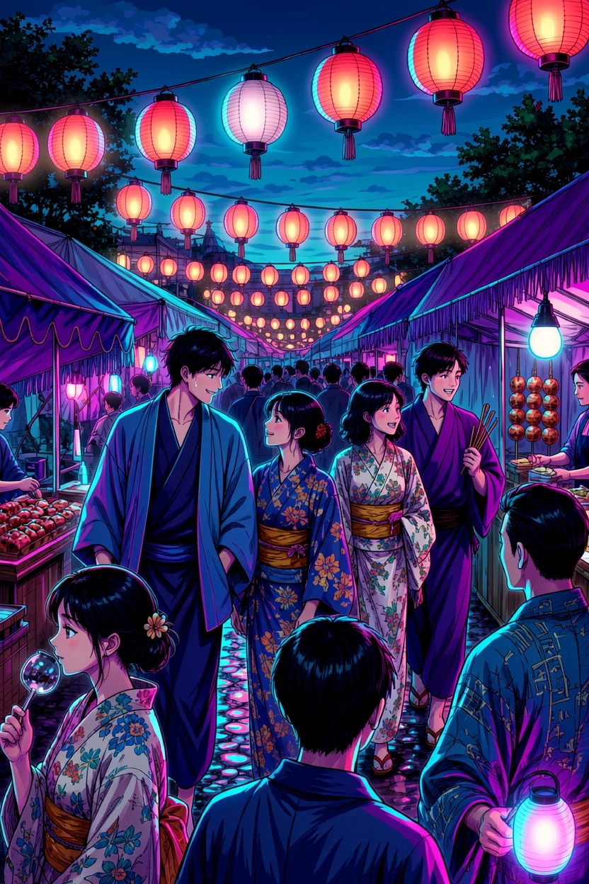 Neon Noir AI-colored festival crowd manga result