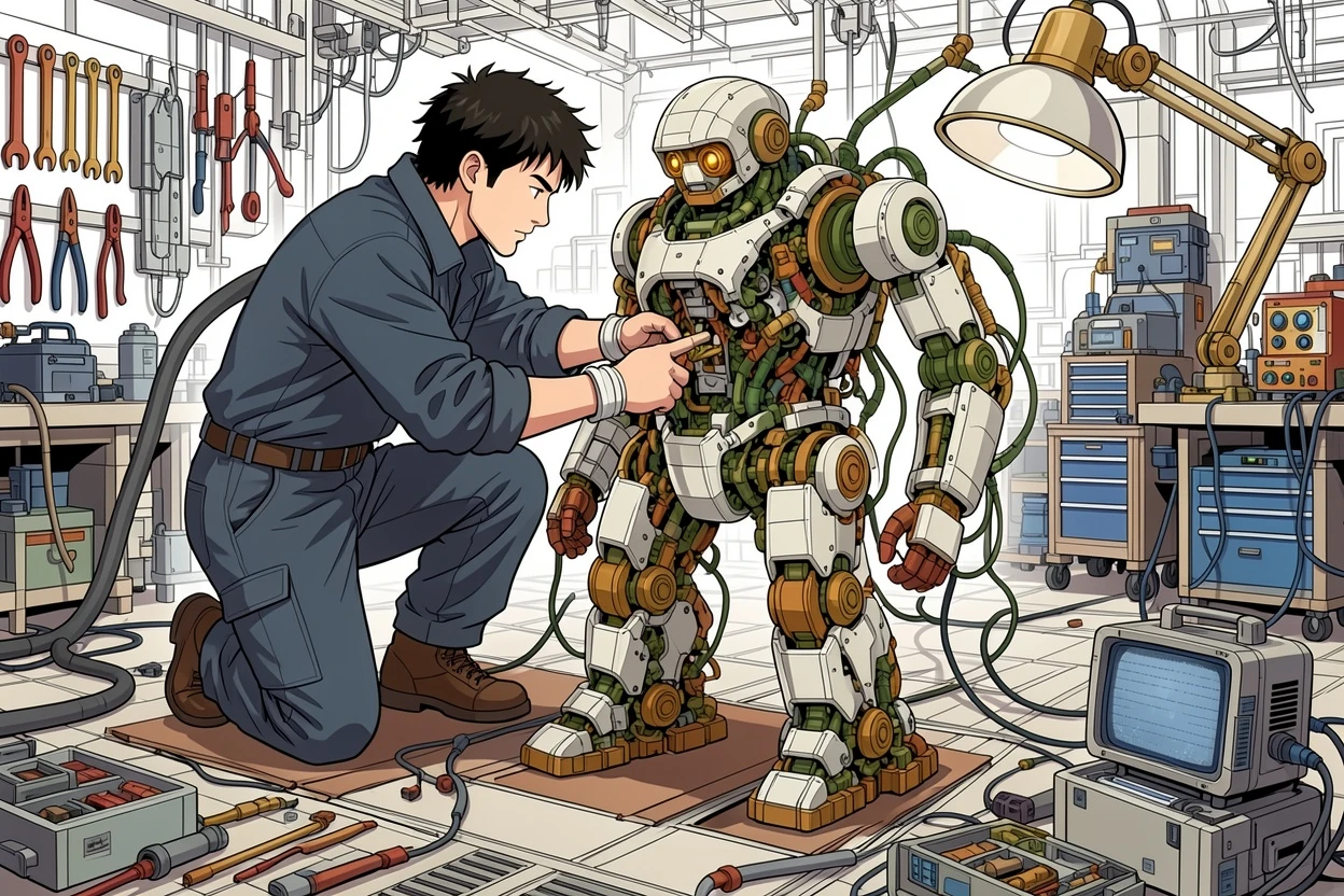 Flat Color AI-colored mecha workshop manga result