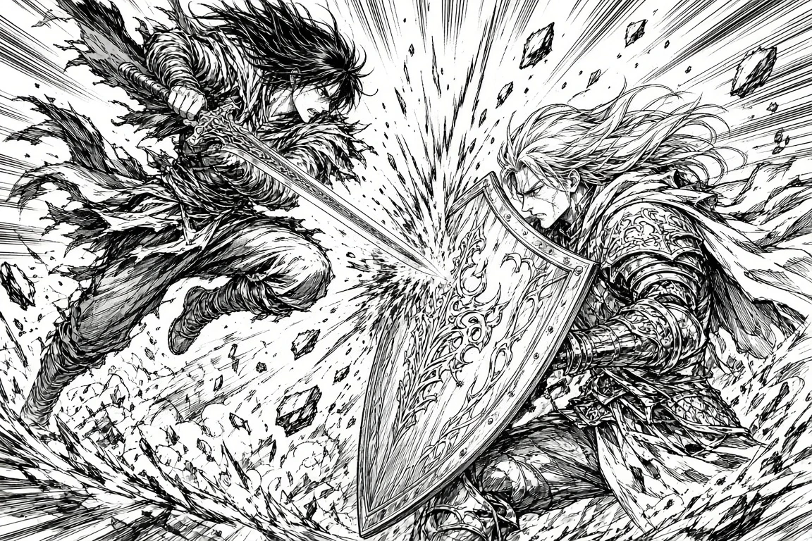 Black-and-white action fight manga line art before dramatic coloring