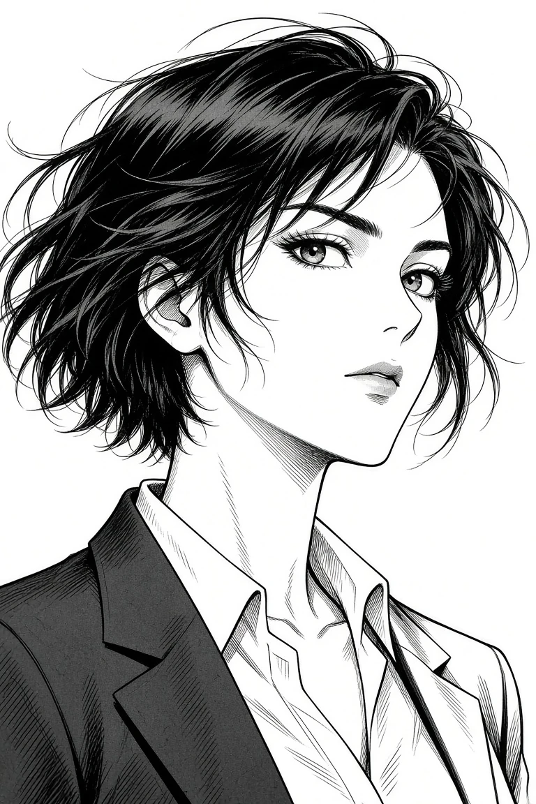Black-and-white character close up manga line art before flat color coloring