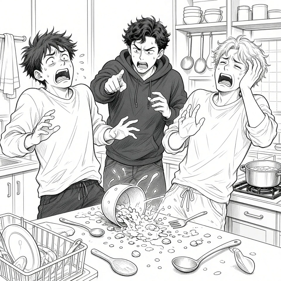 Black-and-white comedy reaction manga line art before retro print coloring