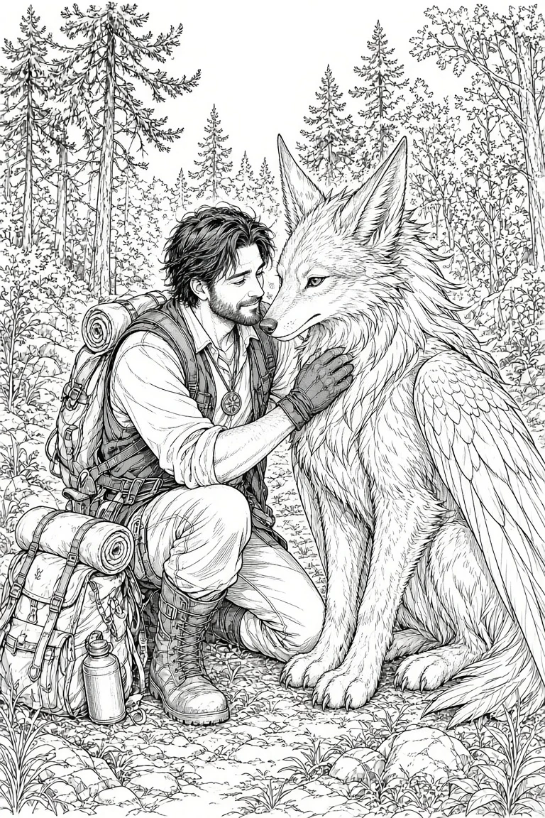 Black-and-white creature companion manga line art before watercolor coloring