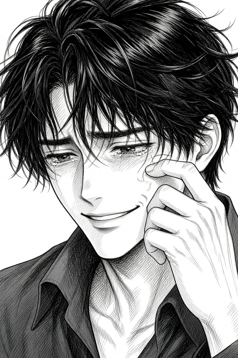 Black-and-white emotional close up manga line art before cel-shaded coloring