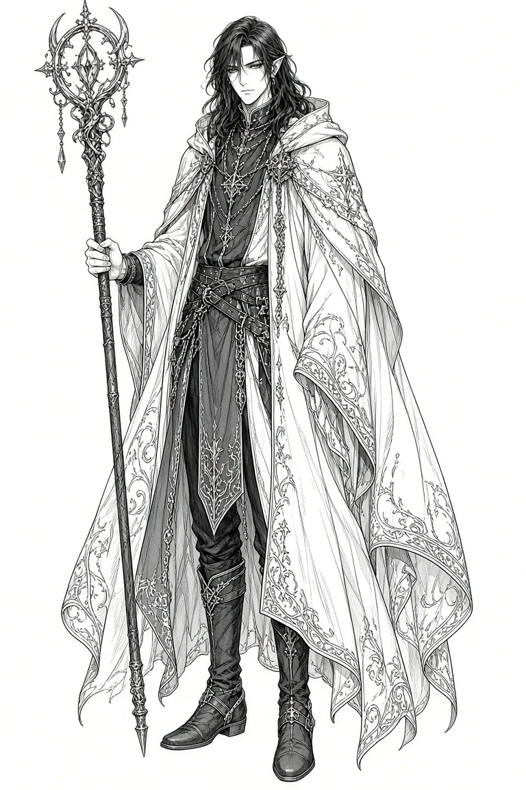 Black-and-white fantasy costume manga line art before vibrant coloring