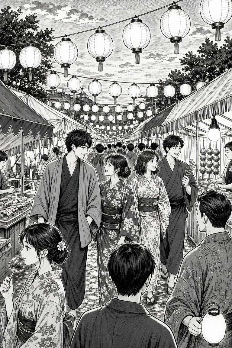 Black-and-white festival crowd manga line art before dramatic coloring