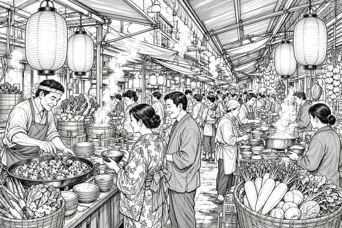Black-and-white food market manga line art before dramatic coloring