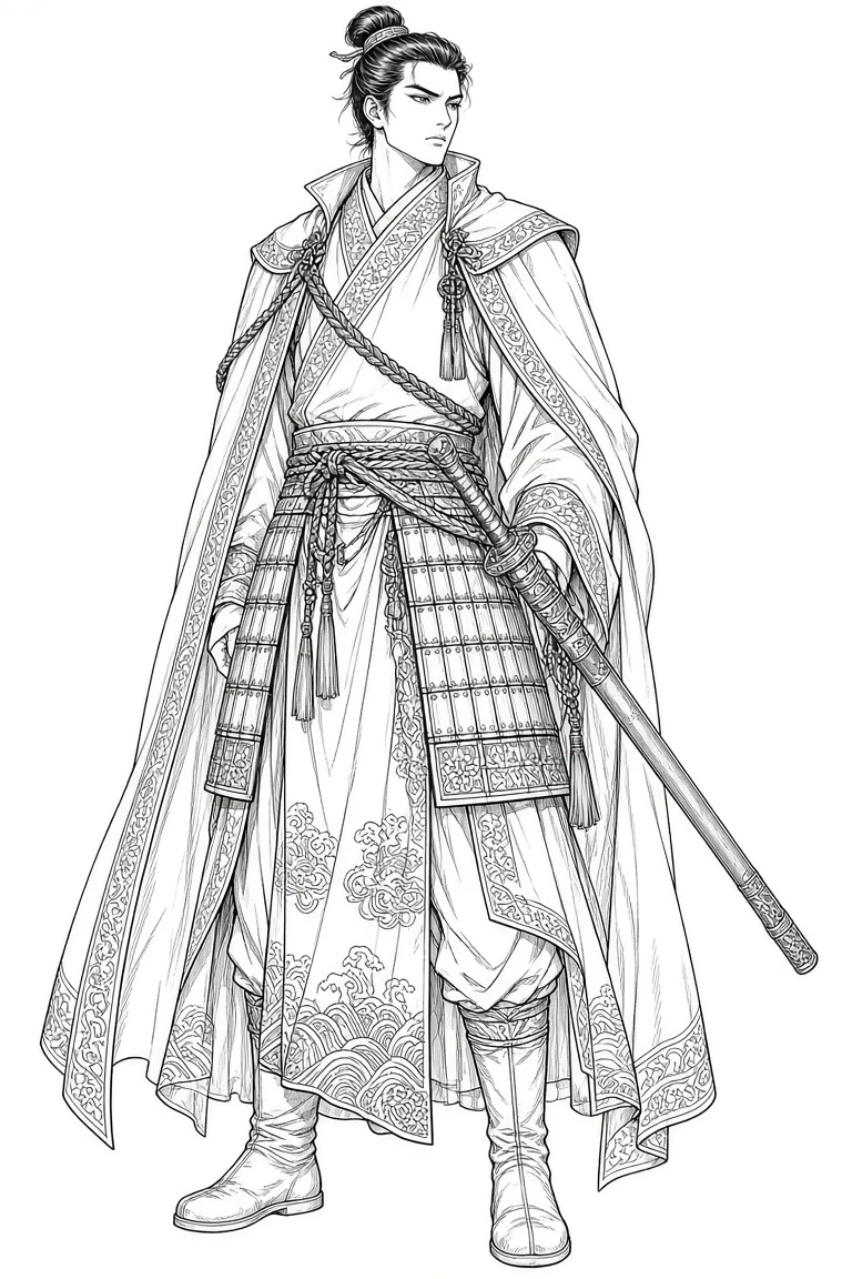 Black-and-white historical costume manga line art before ink wash color coloring