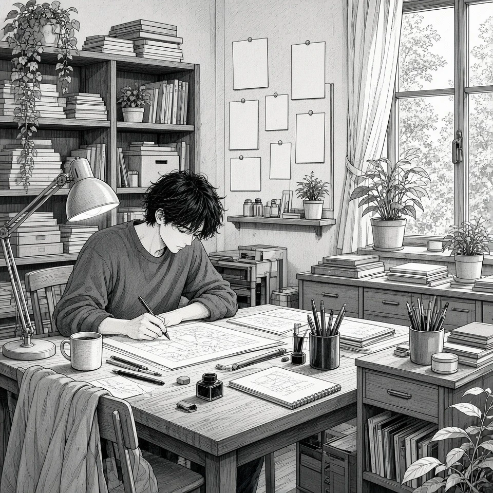 Black-and-white interior manga line art before vibrant coloring