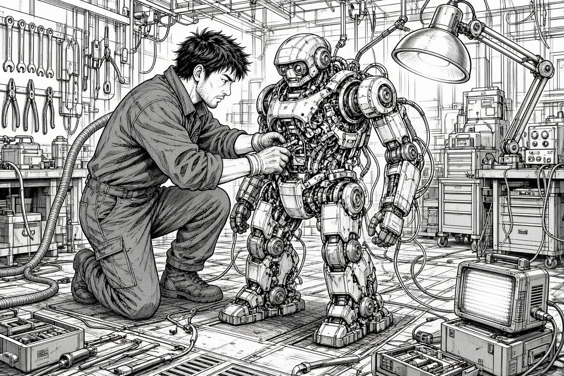 Black-and-white mecha workshop manga line art before flat color coloring
