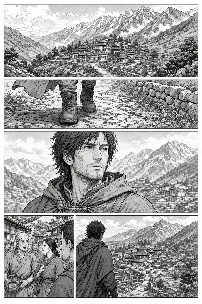 Black-and-white multi panel page manga line art before dramatic coloring