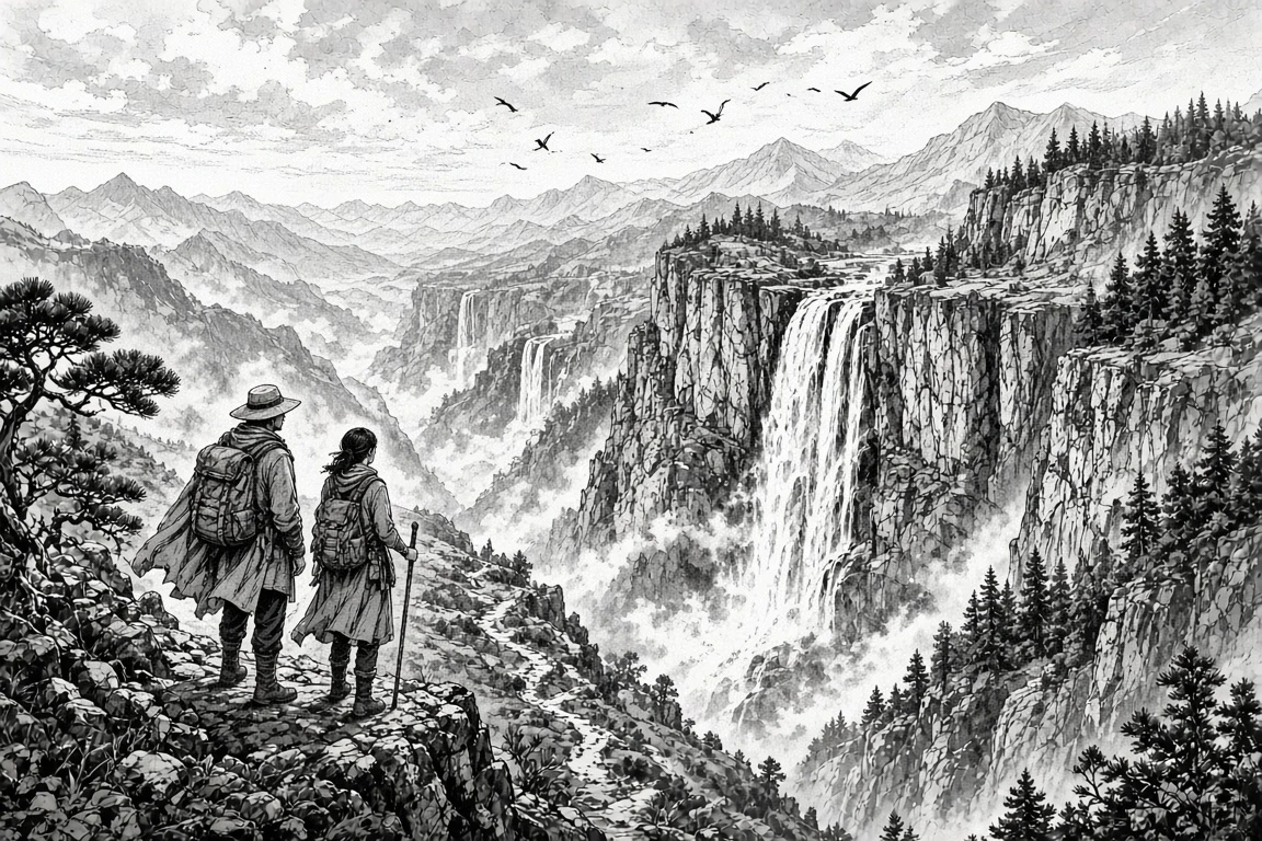 Black-and-white nature landscape manga line art before watercolor coloring