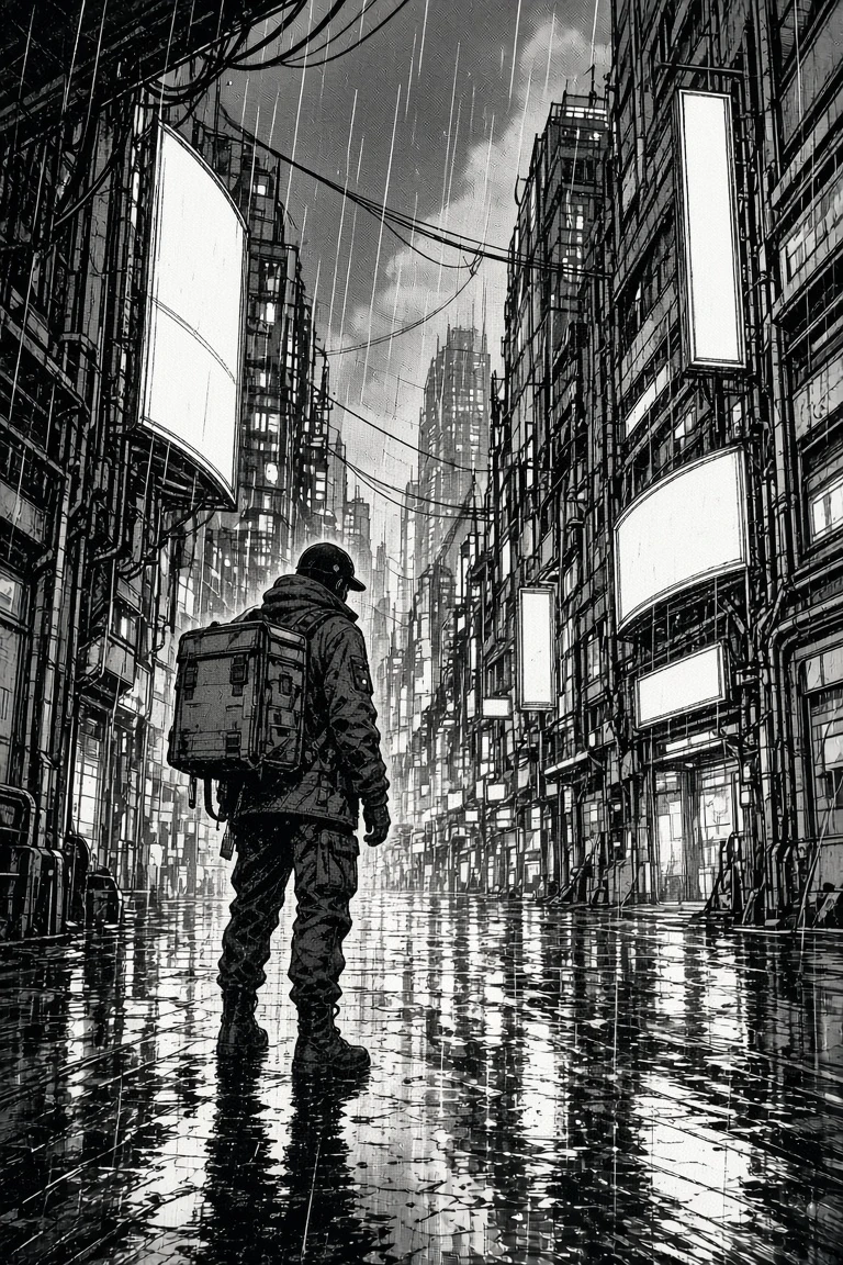 Black-and-white night city manga line art before dramatic coloring
