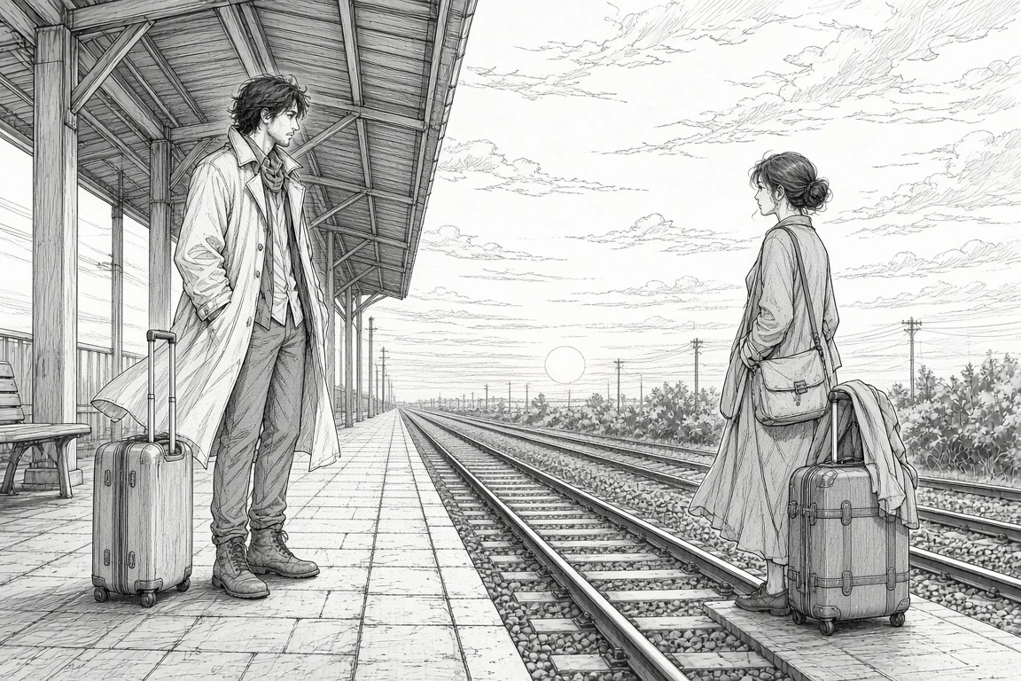 Black-and-white romance platform manga line art before soft pastel coloring