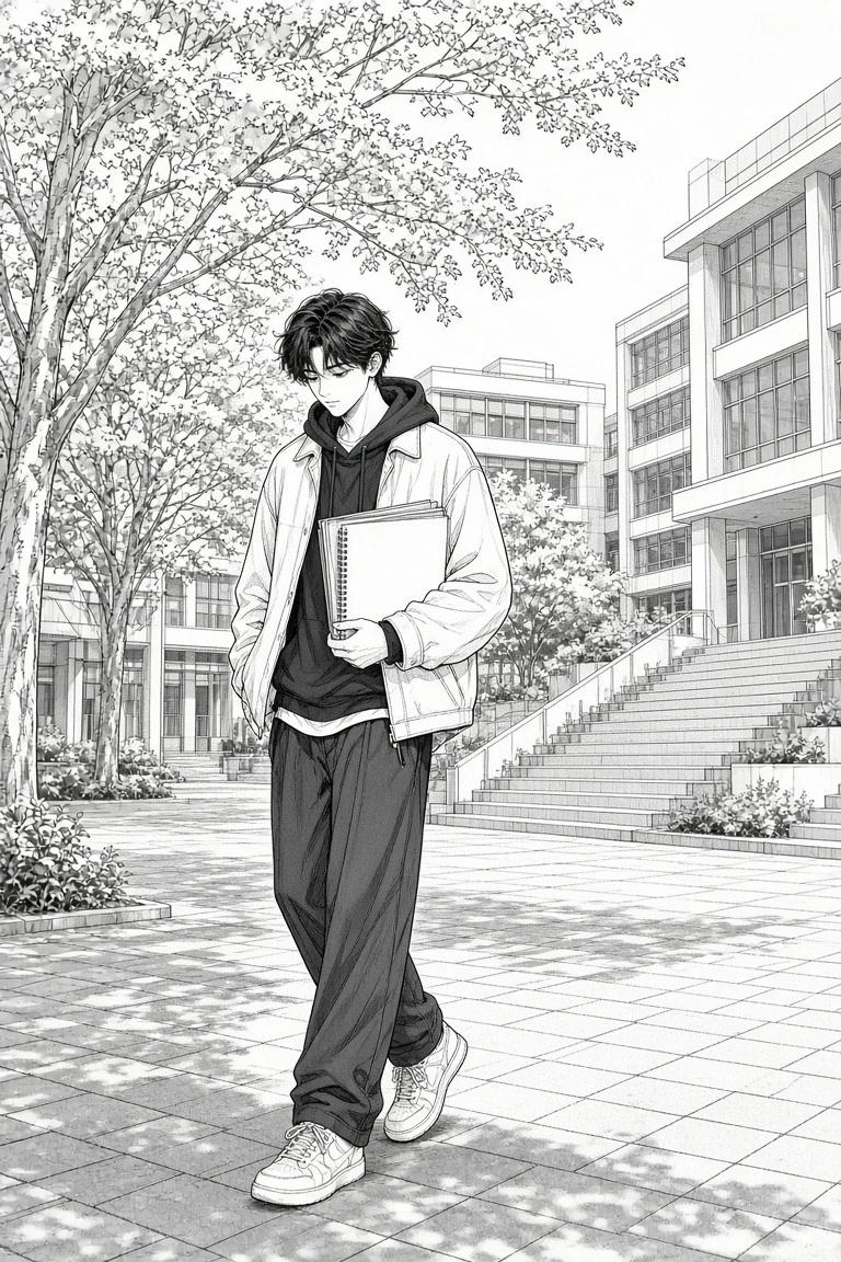 Black-and-white school scene manga line art before webtoon clean coloring