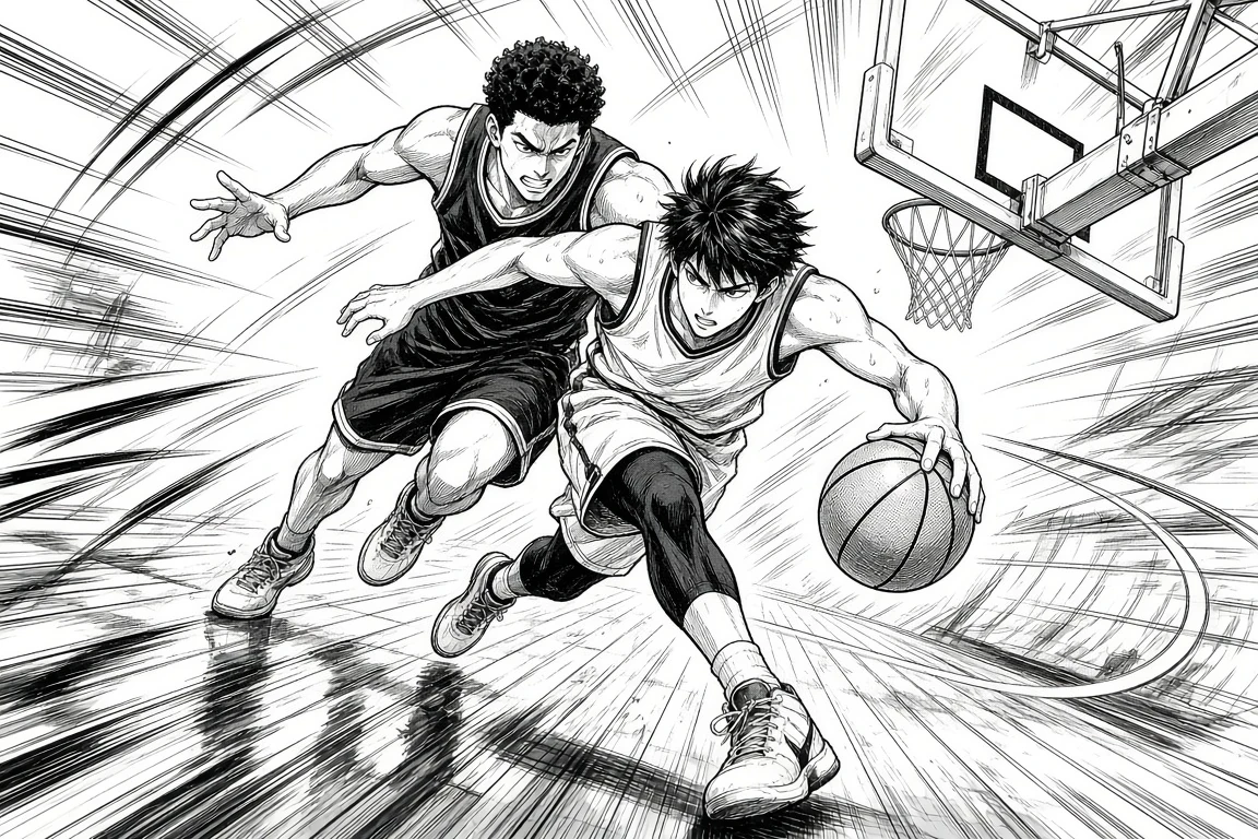 Black-and-white sports motion manga line art before retro print coloring
