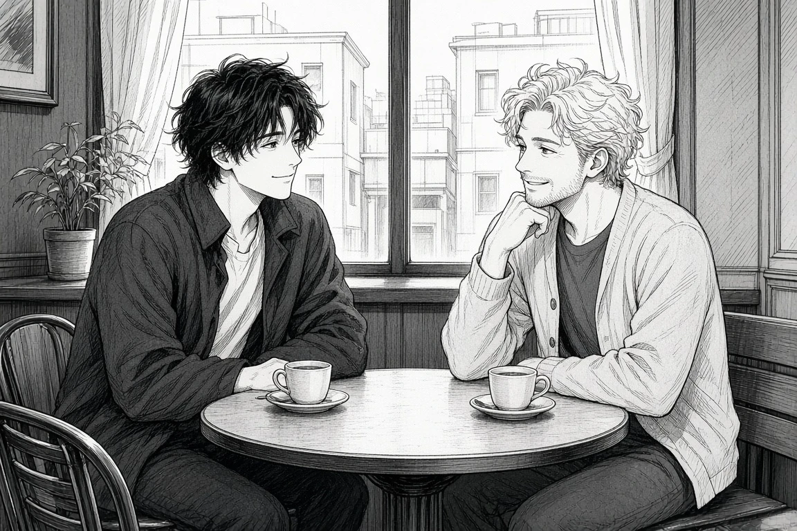 Black-and-white two person dialogue manga line art before webtoon clean coloring